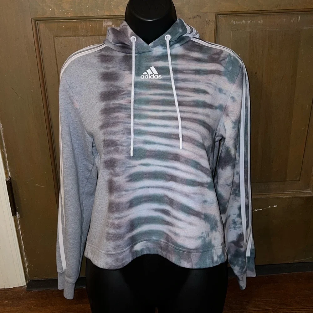 Adidas Gray Split Tie Dye Green Black Crop Long Sleeve Hooded Pullover Size S - Picture 3 of 14